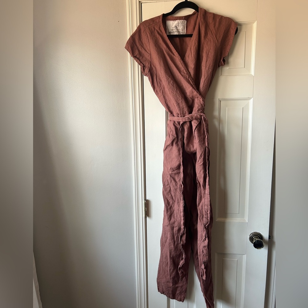 Not Perfect Linen Wrap Jumpsuit in Creamy Brown - Size Medium